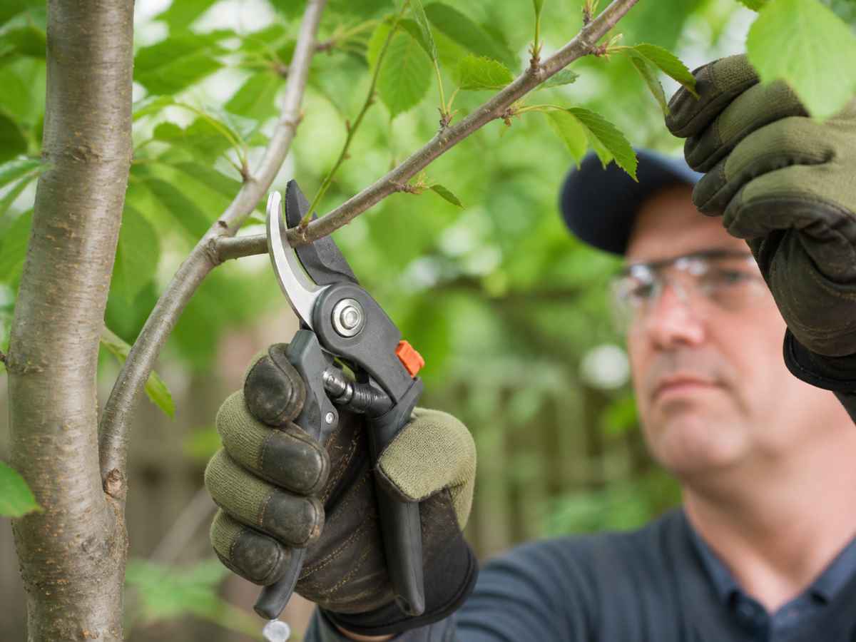 A man wearing gloves and safety glasses uses bypass pruning shears to cut a small branch on a young leafy tree in a backyard, with a wooden fence in the background.