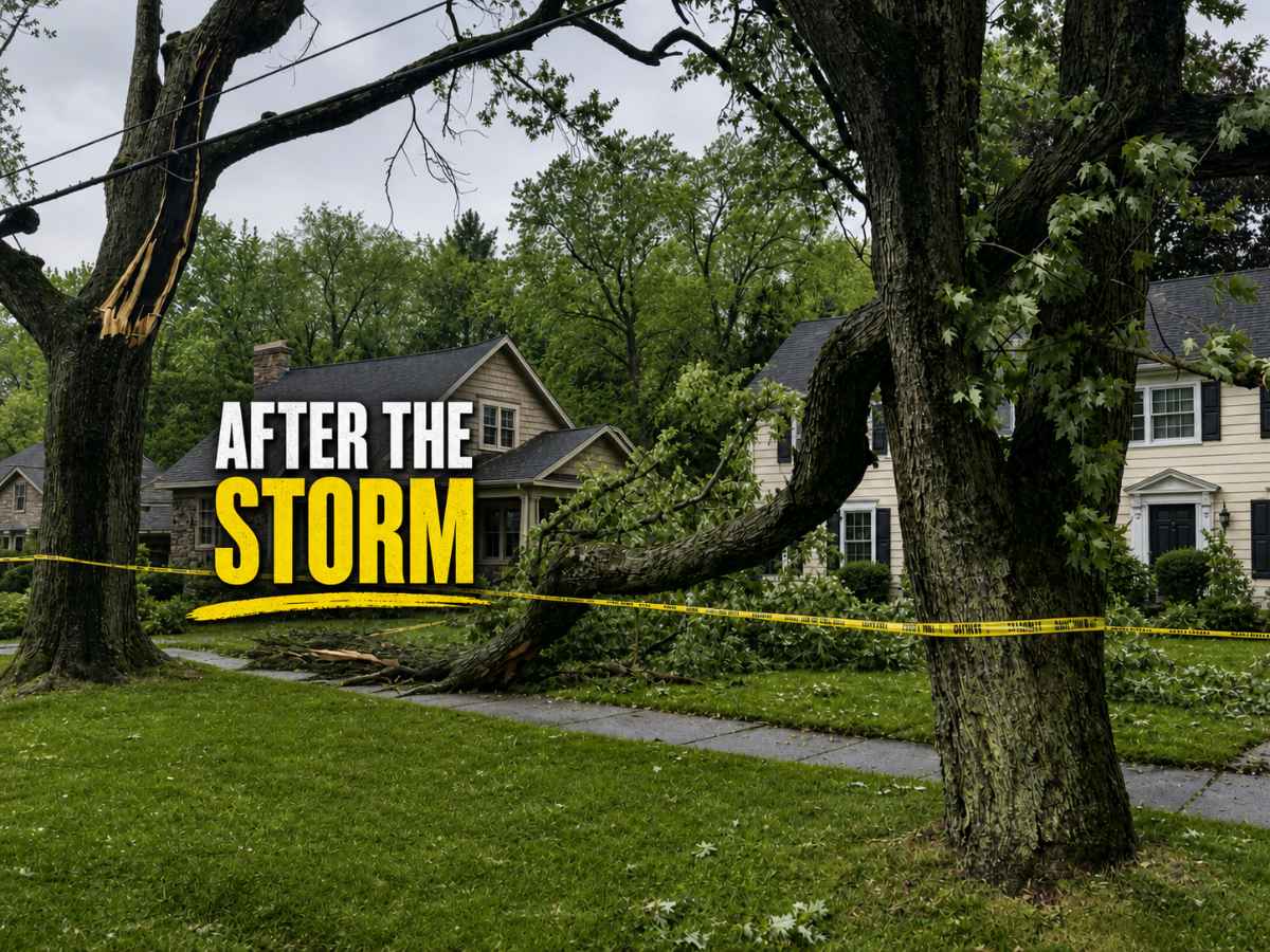 A large tree branch has snapped and hangs down over a yard strung with yellow caution tape, with a splintered trunk on a nearby tree and a house in the background, beside bold text reading "After the Storm."