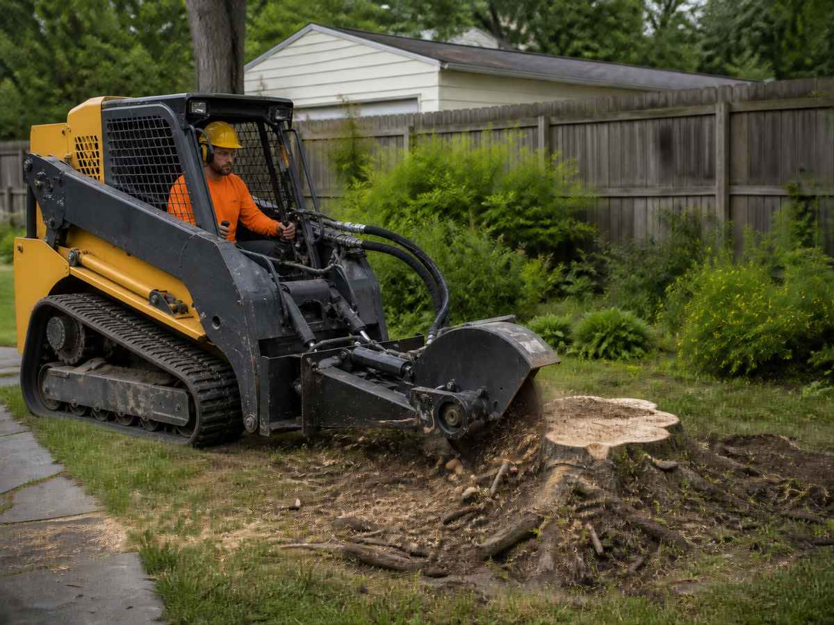 A worker operates a yellow tracked loader with a stump-grinder attachment, grinding a large tree stump in a residential backyard as wood chips scatter around the roots.